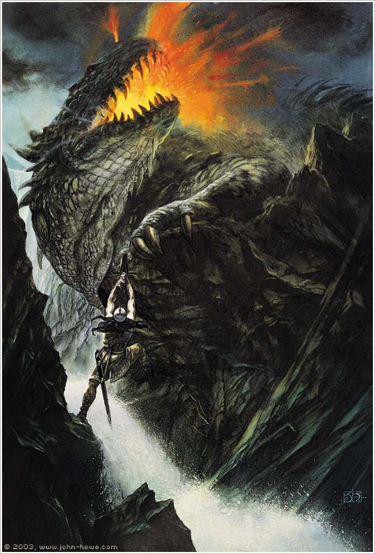 A painting of the death of Glaurung, the first dragon of Morgoth