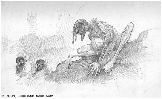 Gollum, Frodo and Sam before the Black Gates